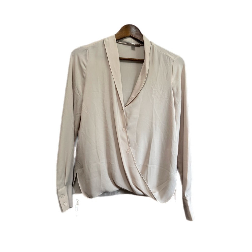 Chelsea28 Faux Wrap Blouse Womens Small Beige Excellent Long Sleeve Draped Top
